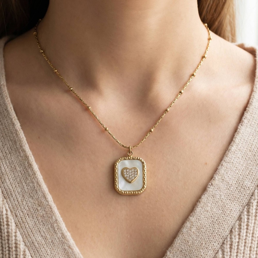 Mother Of Pearl Crystal Heart Rectangle Pendant Necklace