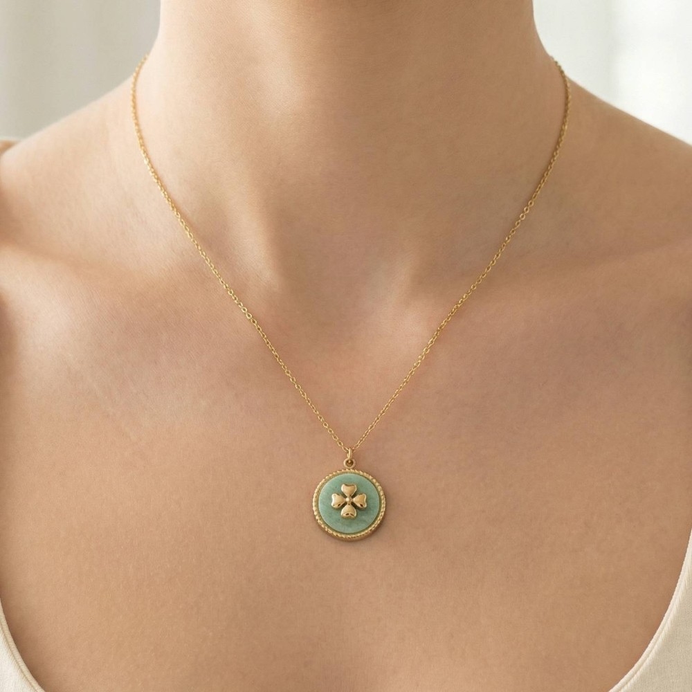 Mother Of Pearl Four Leaf Clover Coin Pendant Necklace