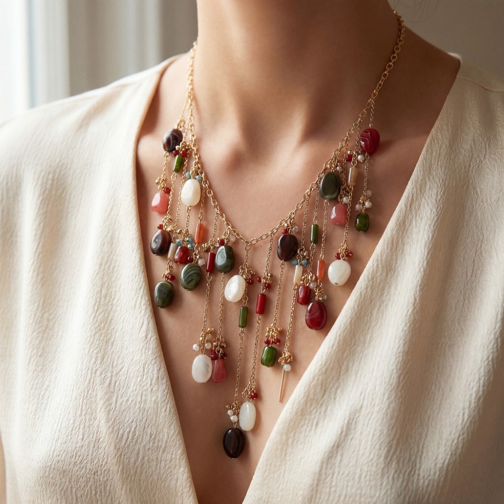 Chain Link Multi Stone Fringe Statement Necklace