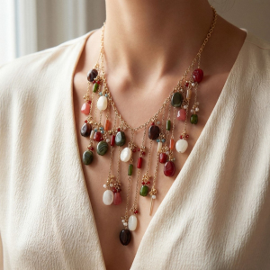 Chain Link Multi Stone Fringe Statement Necklace