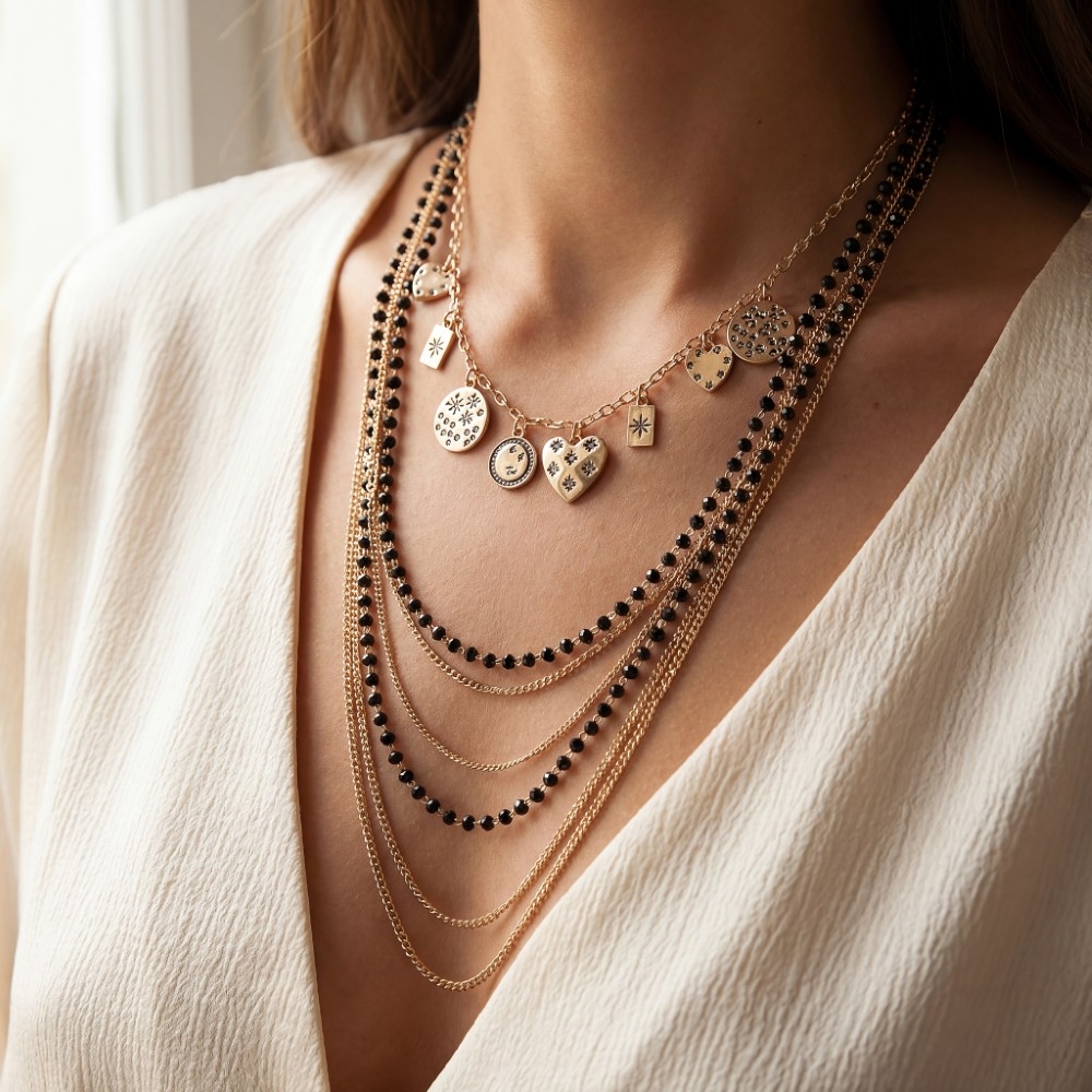 Multi Layered Chain Heart Charms Necklace