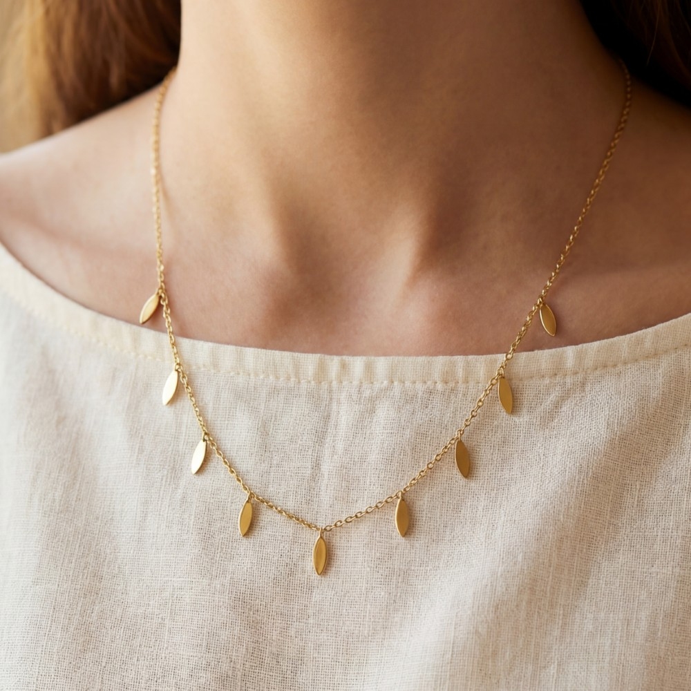 Stainless Steel Leaf Charms Station Necklace