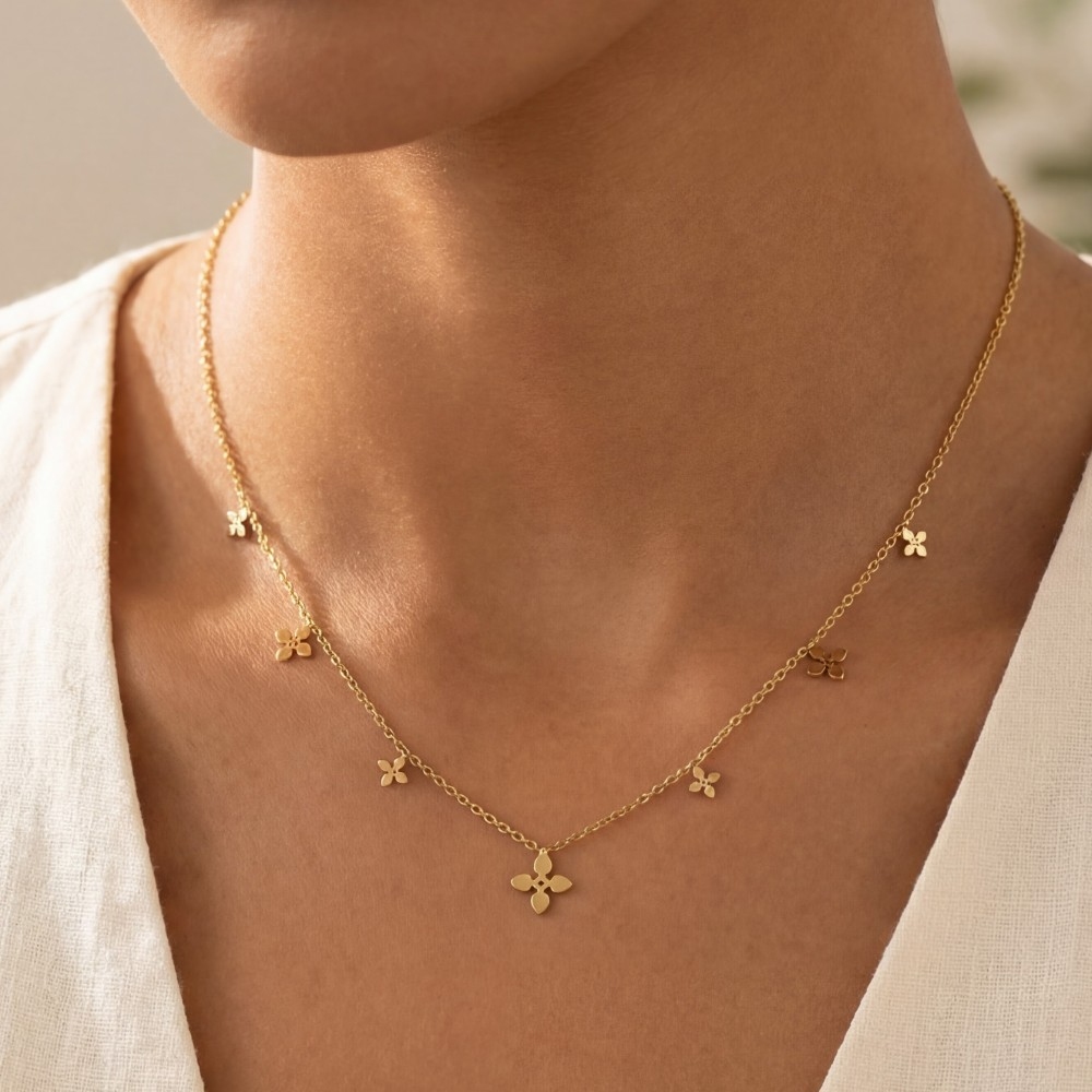Stainless Steel Flower Charms Station Necklace