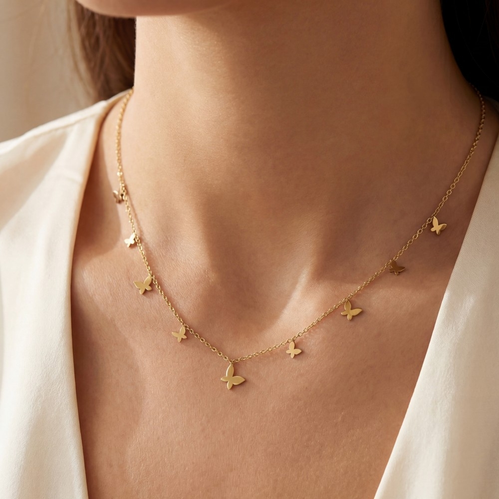 Stainless Steel Butterfly Charms Station Necklace