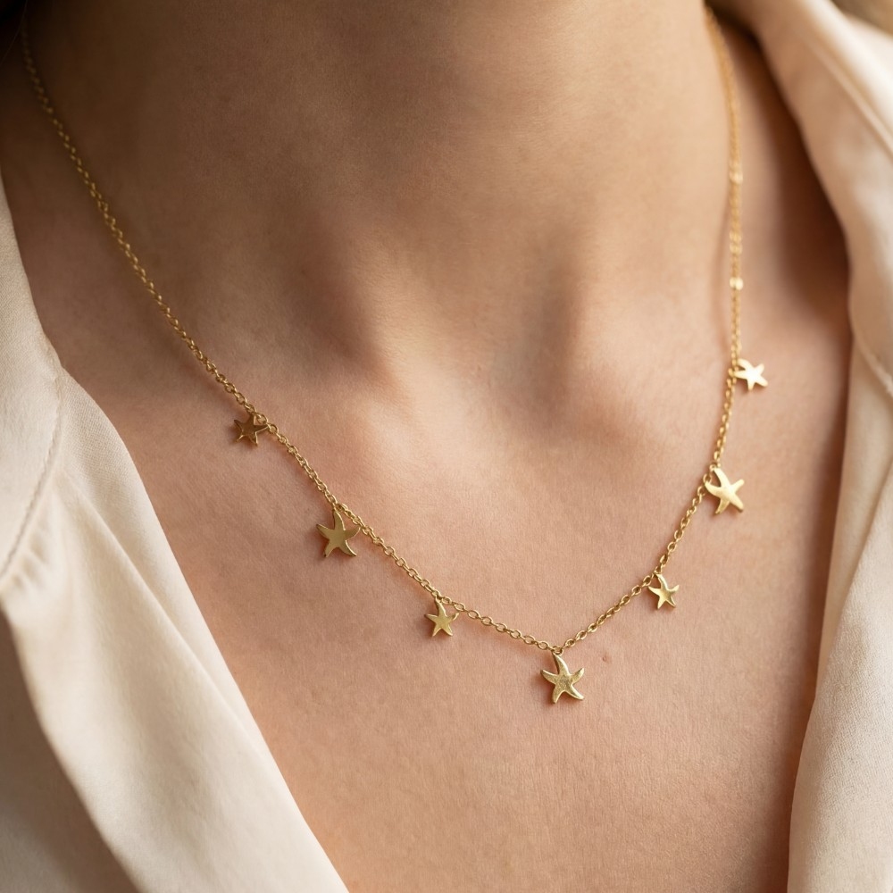Stainless Steel Starfish Charms Station Necklace