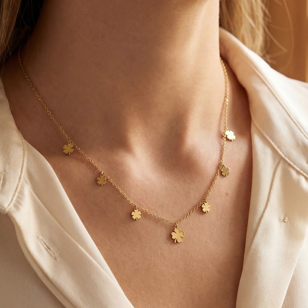 Stainless Steel Clover Charms Station Necklace
