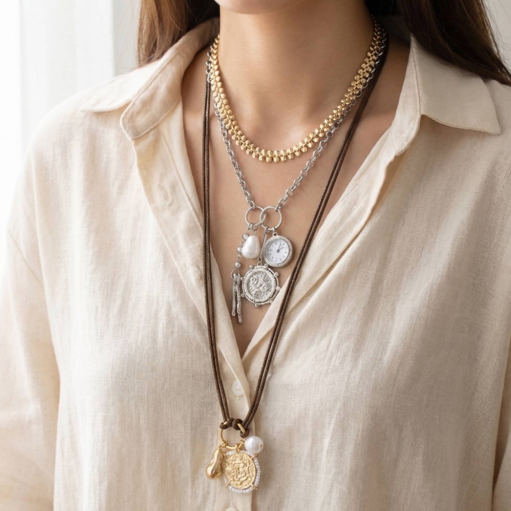 Mixed Metal Layered Charm Ribbon Tie With Watch Necklace