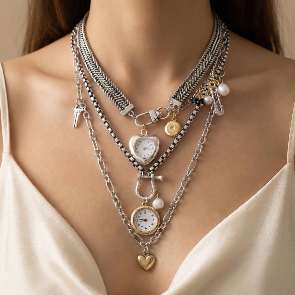 Assorted Multi Chain Layered Watch Charms Necklace