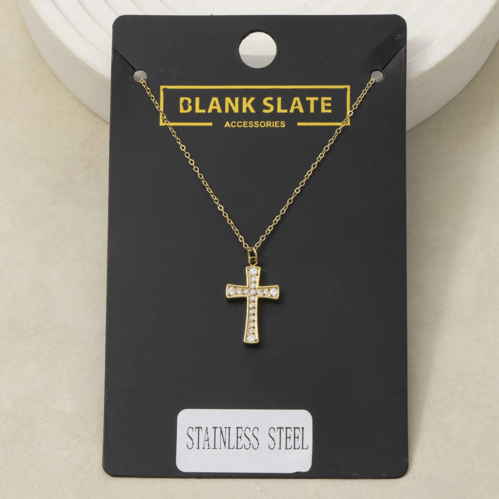 Stainless Steel Cz Pave Cross Pendant Necklace