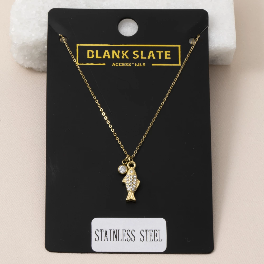 Stainless Steel Pave Cz Fish Pendant Necklace