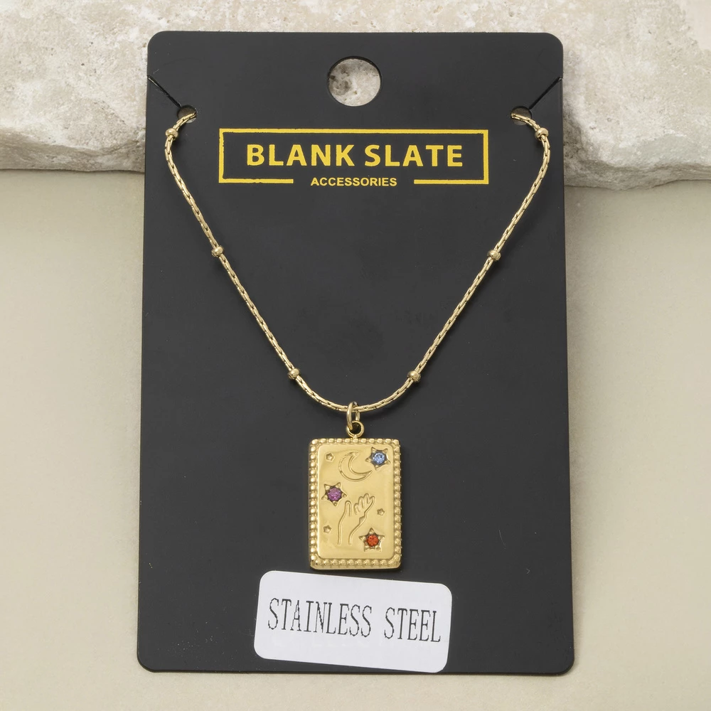 Stainless Steel Celestial Hand Moon Tag Necklace