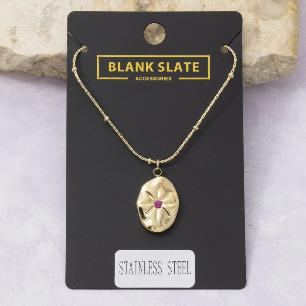 Stainless Steel Floral Oval Cz Pendant Necklace