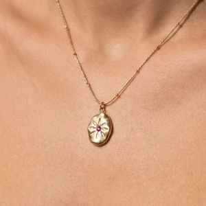 Stainless Steel Floral Oval Cz Pendant Necklace
