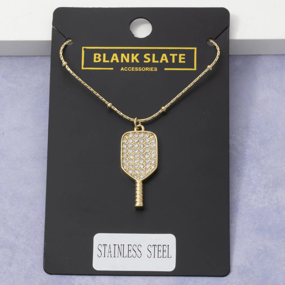 Stainless Steel Cz Pickleball Paddle Pendant Necklace