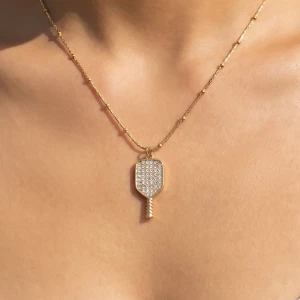 Stainless Steel Cz Pickleball Paddle Pendant Necklace