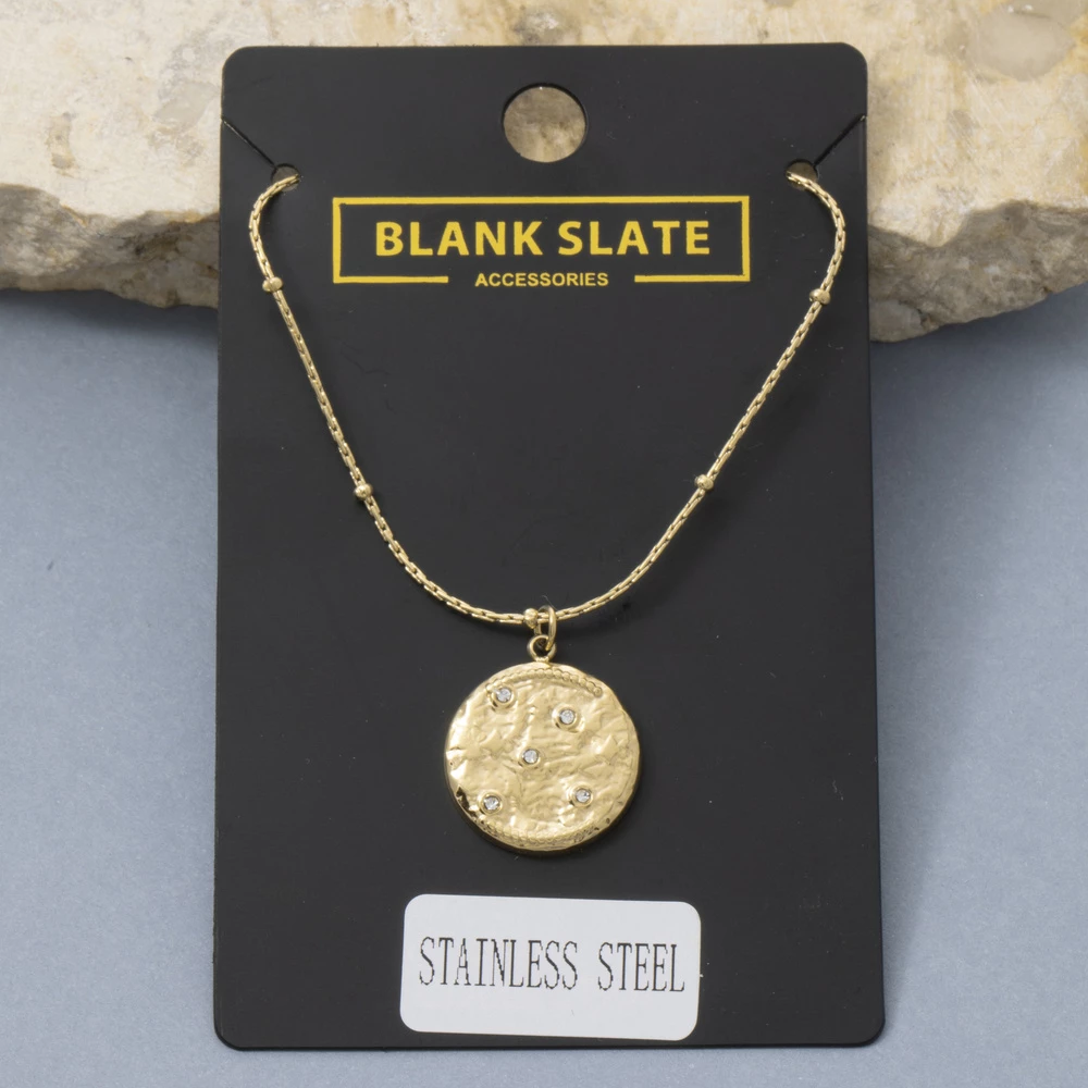 Stainless Steel Hammered Coin Cz Pendant Necklace