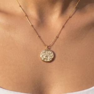 Stainless Steel Hammered Coin Cz Pendant Necklace