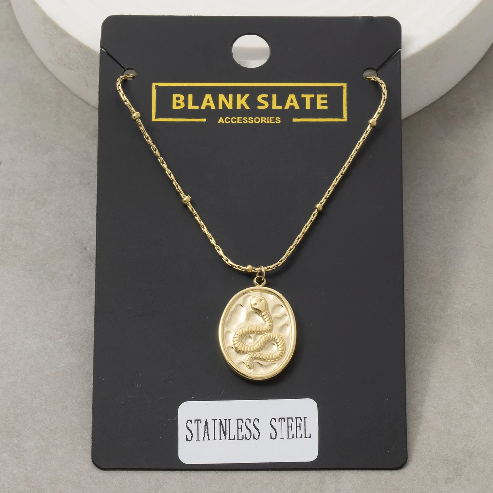 Stainless Steel Coiled Snake Oval Coin Necklace