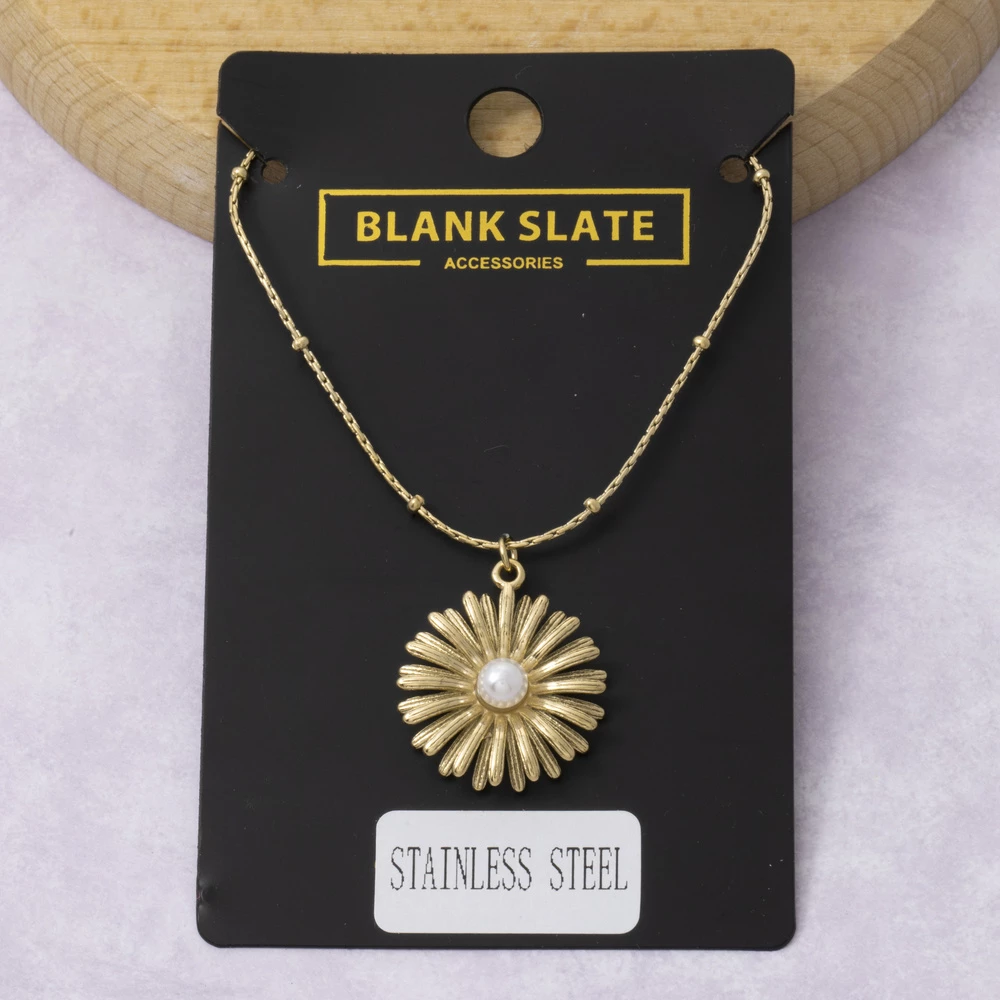 Stainless Steel Sunflower Pearl Pendant Necklace