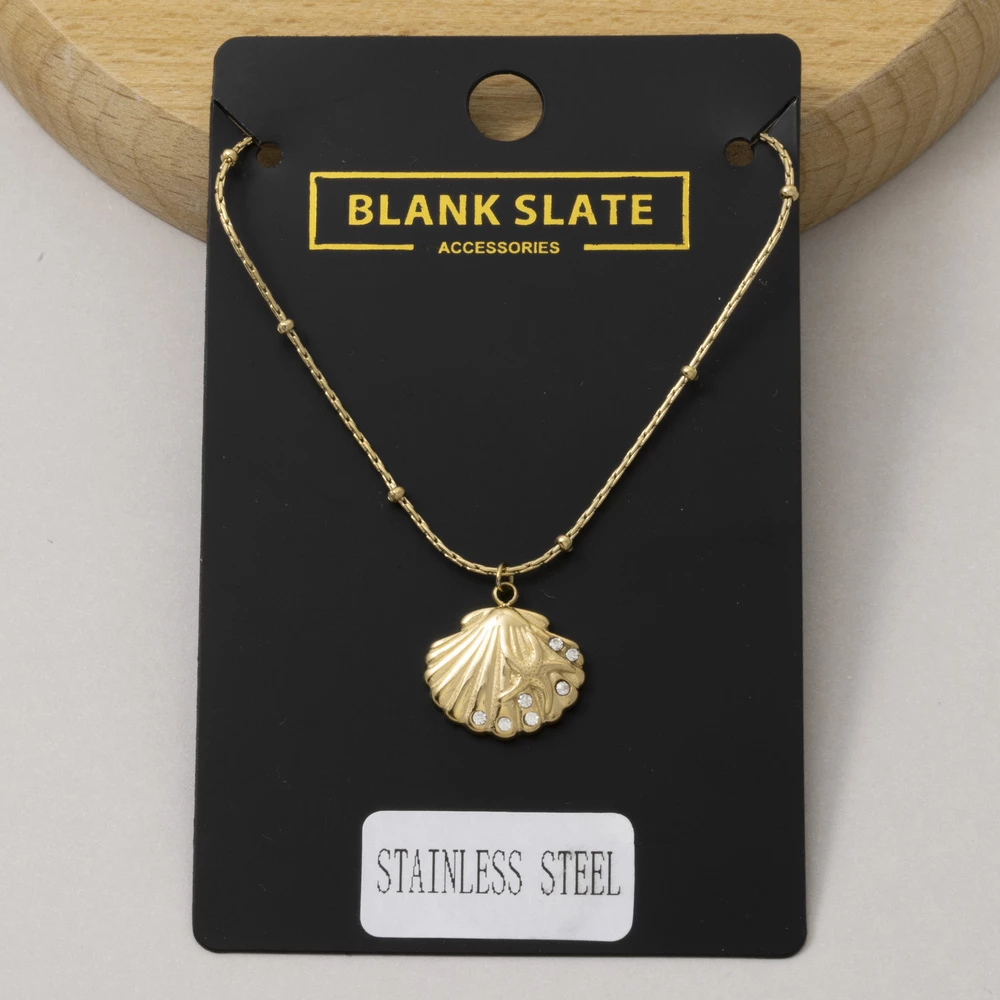 Stainless Steel Pave Cz Seashell Necklace