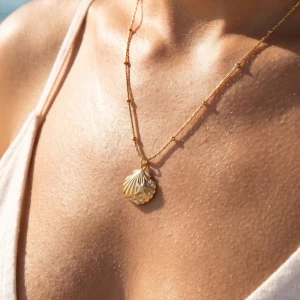 Stainless Steel Pave Cz Seashell Necklace
