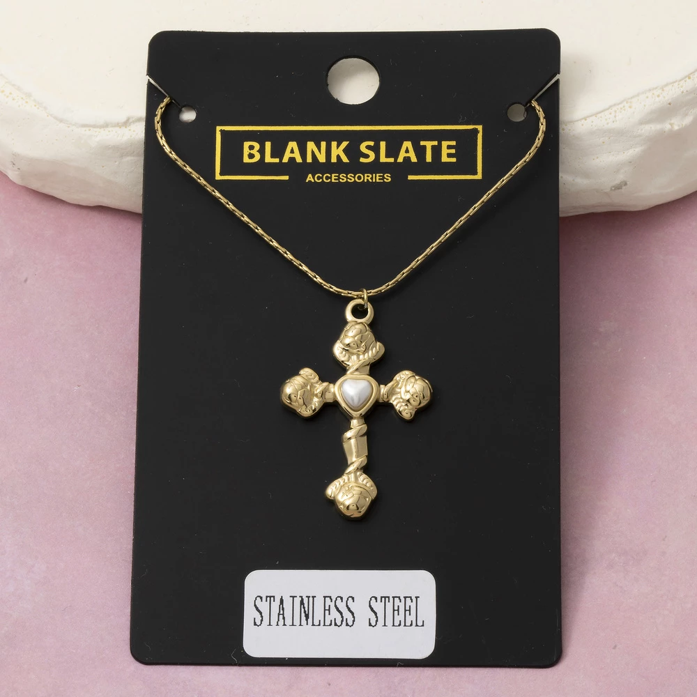 Stainless Steel Pearl Cross Pendant Necklace