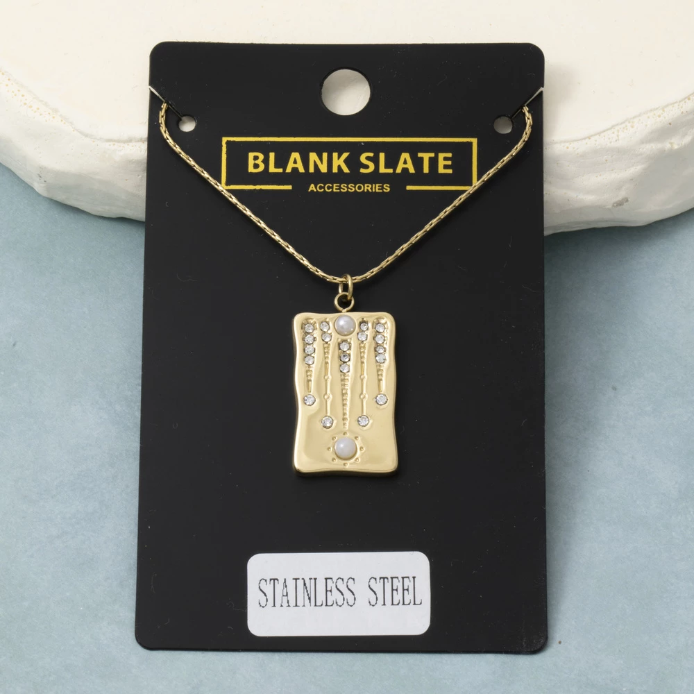 Stainless Steel Pave Cz Pearl Tag Necklace