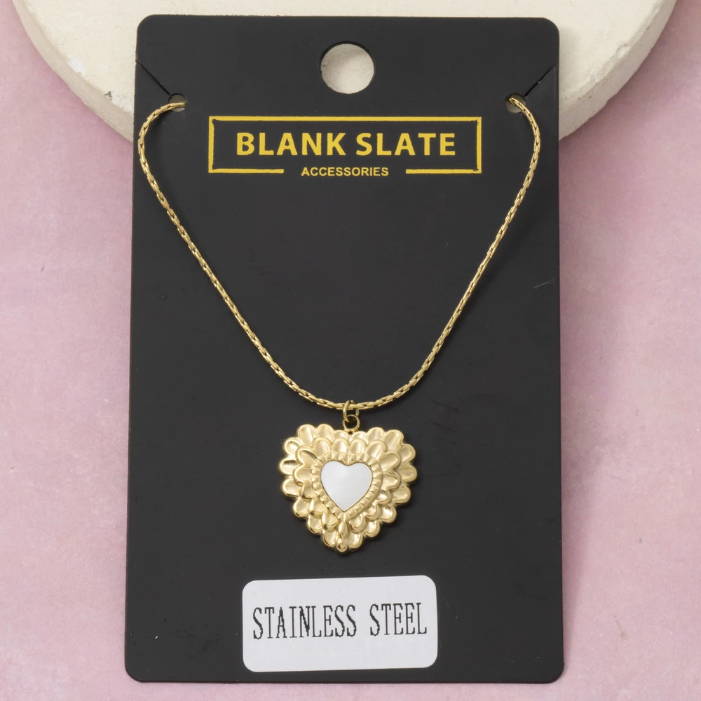 Stainless Steel Petal Edge Heart Mop Pendant Necklace