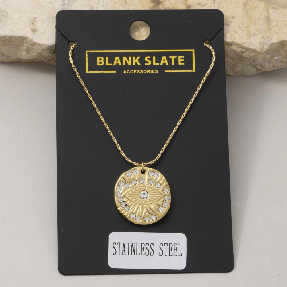 Stainless Steel Evil Eye Cz Coin Pendant Necklace