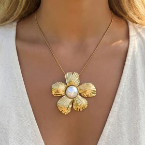 Textured Flower Pearl Center Pendant Necklace