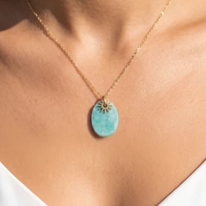 Gold Dipped Sunburst Charm Stone Oval Necklace