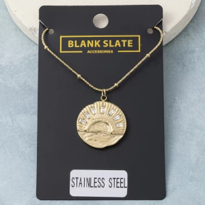 Stainless Steel Baguette Sunrise Coin Pendant Necklace