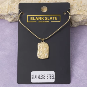 Stainless Steel Hammered Cz Tag Pendant Necklace