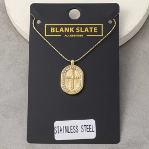 Stainless Steel Pave Cross Oval Pendant Necklace