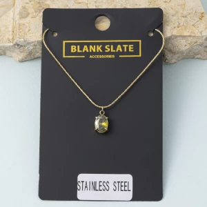 Stainless Steel Oval Faceted Stone Pendant Necklace