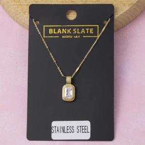 Stainless Steel Step Cut Cz Ribbed Bezel Necklace
