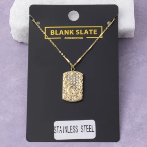 Stainless Steel Pave Moon And Star Tag Necklace