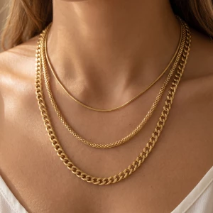 Curb Link Triple Layer Long Chain Necklace