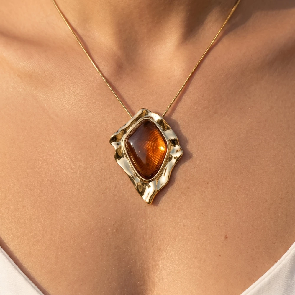 Molten Frame Textured Stone Pendant Necklace