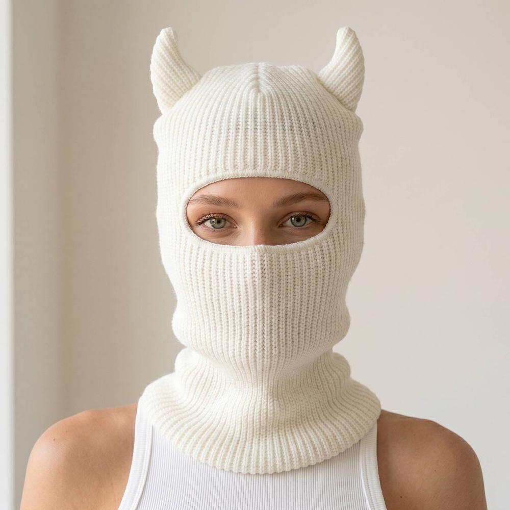 Ribbed Knit Cat Ear Balaclava Hat