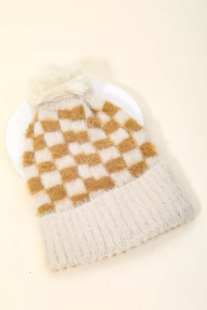 Fuzzy Pom Checkered Print Beanie
