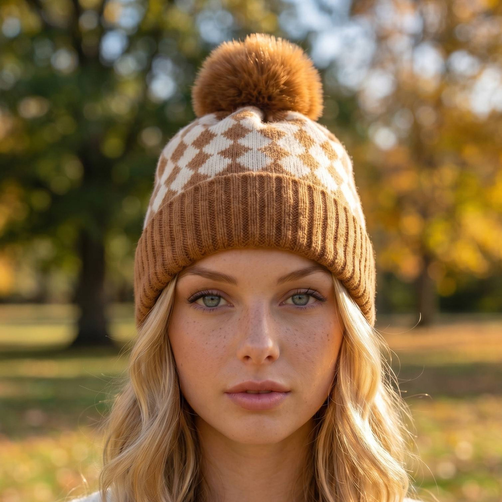 Checkerboard Print Pom Pom Knit Beanie Hat