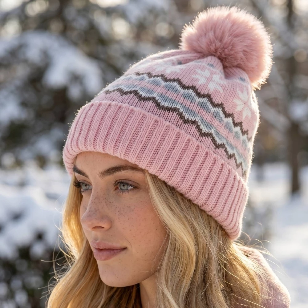 Soft Snowflake Print Pom Beanie