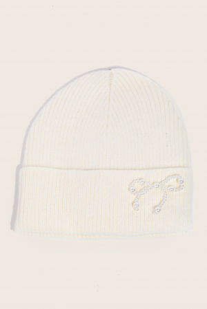 Pearl Beaded Ribbon Bow Charm Knitted Beanie