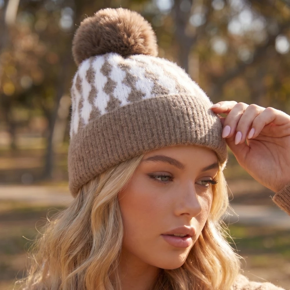 Abstract Diamond Stripe Knit Pom Pom Beanie