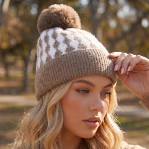 Abstract Diamond Stripe Knit Pom Pom Beanie