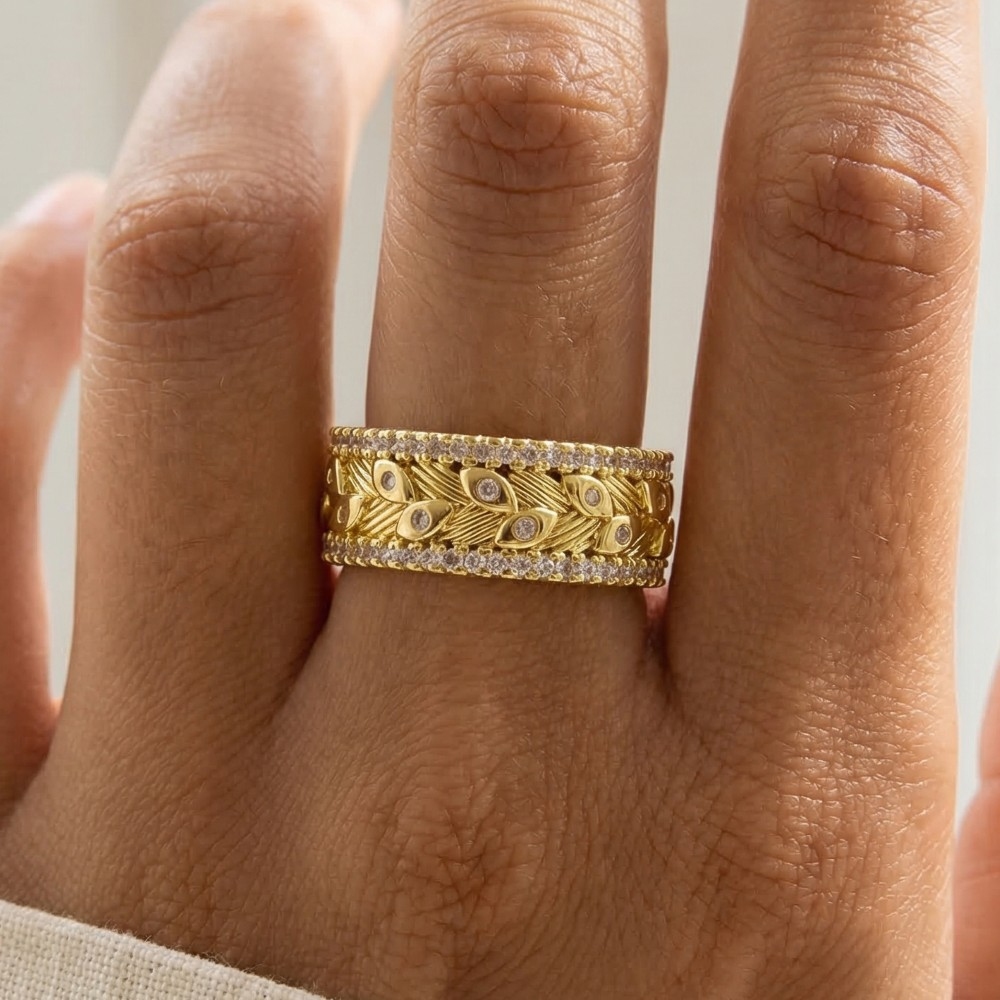 Rhinestone Trim Evil Eye Band Ring