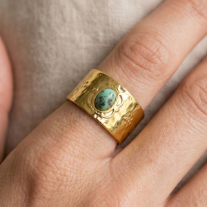 Oval Stone Center Wide Hammered Cuff Bracelet