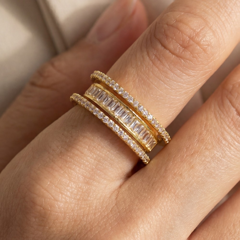 Triple Row Cz Baguette Ring