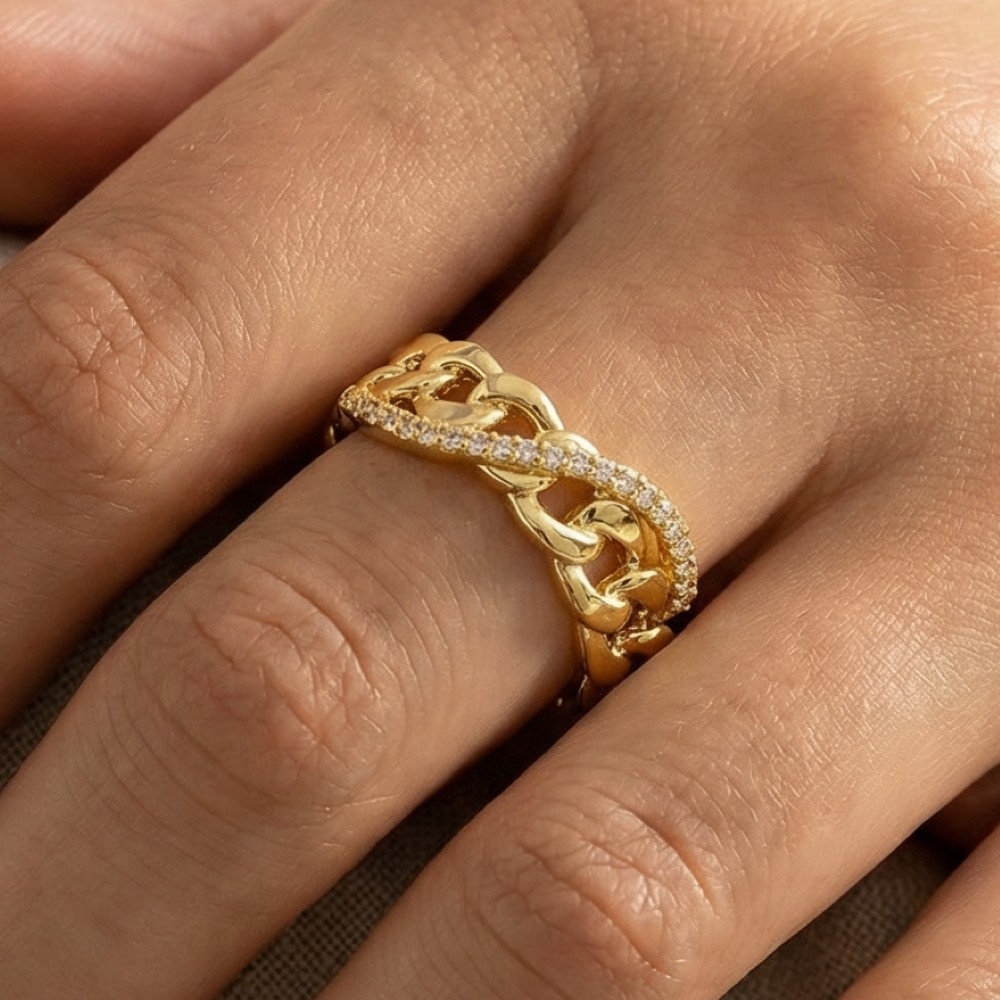 Cz Sculpted Chain Link Adjustable Ring